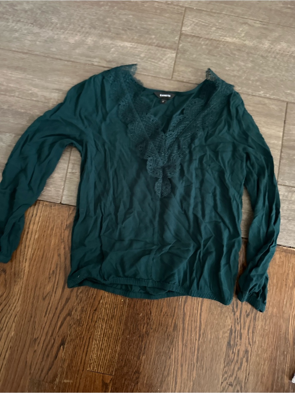 Express Deep Teal Lace-Trim Long Sleeve Blouse